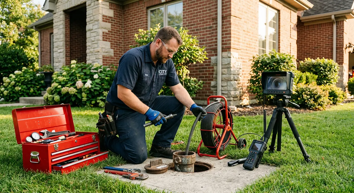 Sewer specialist with camera equipment servicing a cleanout in Sabattus