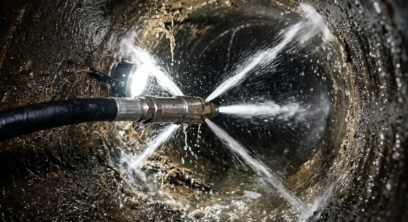 High-pressure hydro jetting nozzle cleaning sewer pipe for Emergency Drain Service in Sabattus