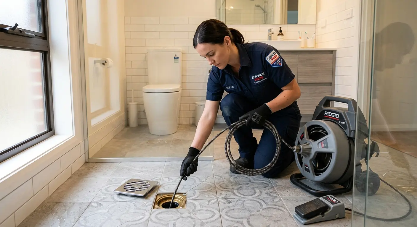Technician clearing a bathroom floor drain for Drain Cleaning in Sabattus